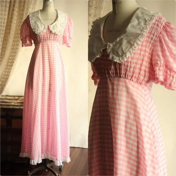 Vintage 1960s 1970s Dress, Pink and White Gingham Maxidress withBbig Lace Collar - Picture 1 of 14